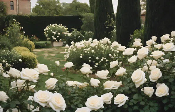 Flowers, roses, garden, white, rose Bush, AI art, neural network