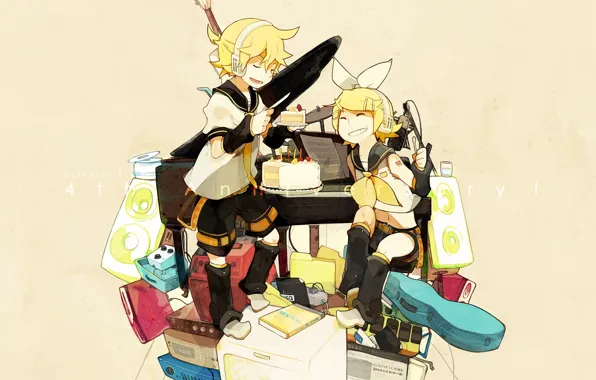 Girl, headphones, knife, cake, guy, vocaloid, bow, Kagamine Rin