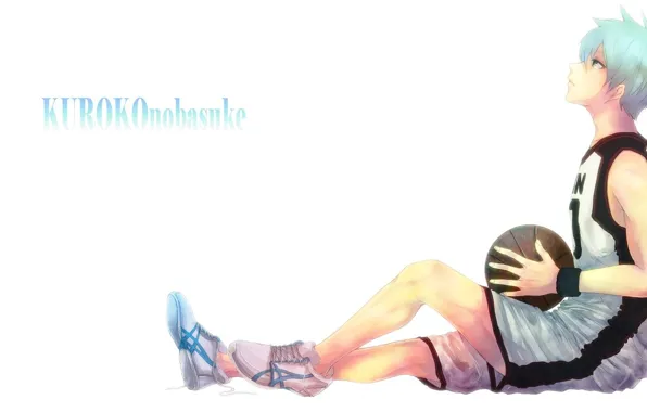 The ball, white background, guy, sitting, sneakers, blue hair, looking up, sports uniforms