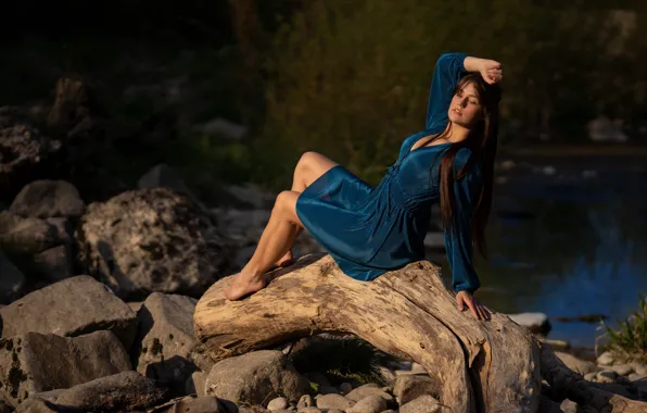 Picture girl, pose, stones, dress, snag, long hair, Martin Ecker