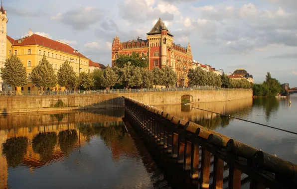 The sky, clouds, river, home, Prague, Czech Republic, promenade, Palace