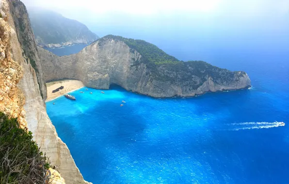 Beach, rocks, boat, ship, island, Greece, The Ionian sea, Zakynthos