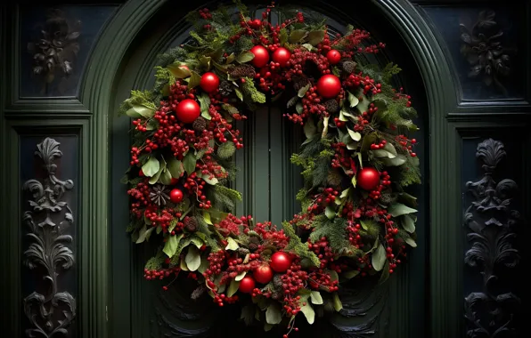 Decoration, New Year, the door, Christmas, Christmas, wreath, wood, New Year