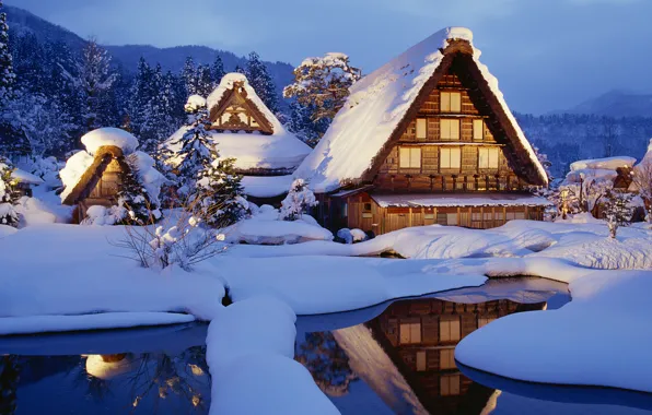 Winter, snow, Japan, houses, japan