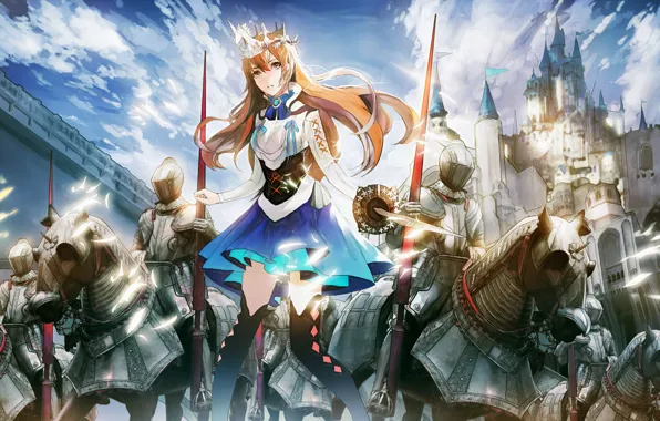 The sky, girl, clouds, weapons, castle, sword, armor, anime