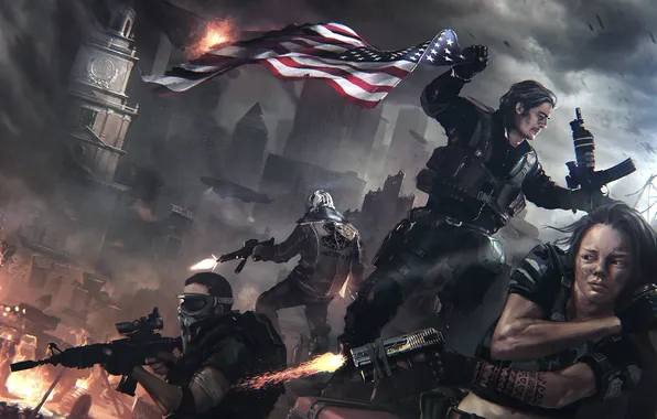 Night, weapons, flag, soldiers, Homefront: The Revolution, barricades