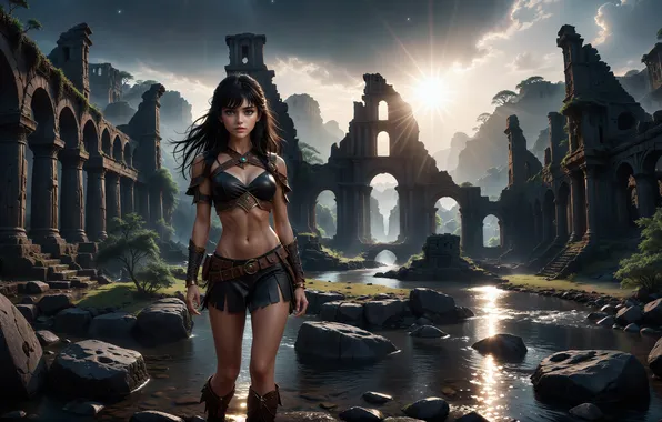 Girl, river, ruins