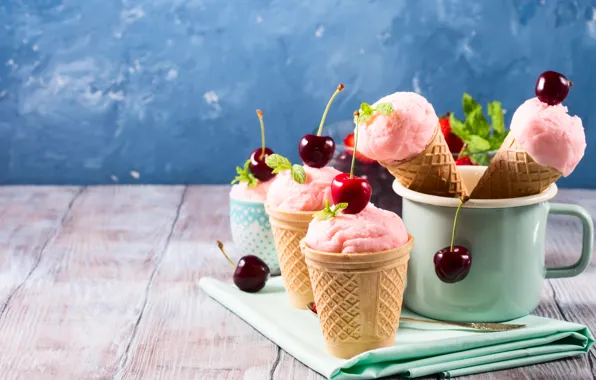 Cherry, food, ice cream, Cup, dessert, waffle