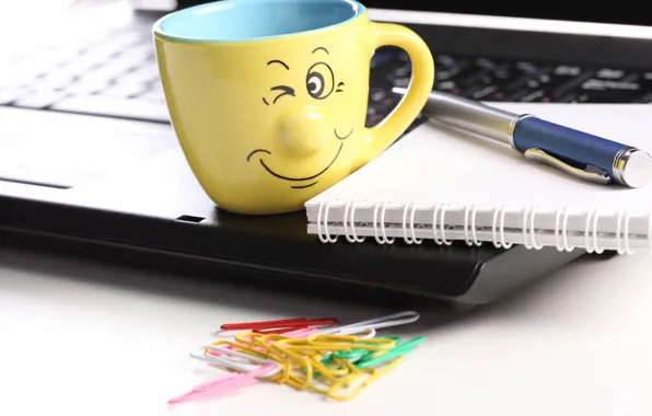Picture creative, positive, blur, handle, smile, Cup, Notepad, laptop