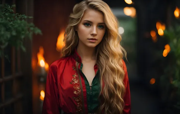 Look, girl, portrait, blonde, in red, AI art, neural network