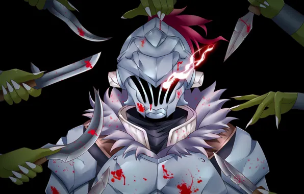 Blood, armor, hands, helmet, knives, knight, Goblin Slayer