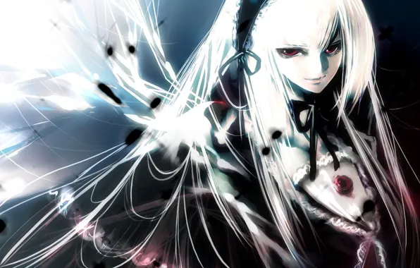 Look, magic, bow, red eyes, rozen maiden, suigintou, white hair, bezel