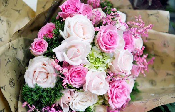Flowers, roses, bouquet, pink, white, buds, wrapper, luxury