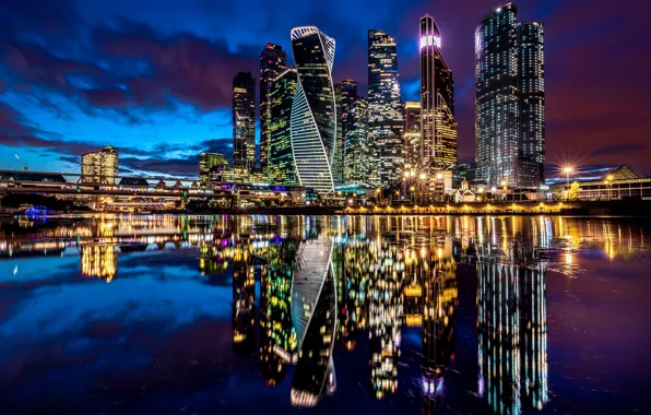 Picture reflection, river, building, home, Moscow, Russia, night city, skyscrapers
