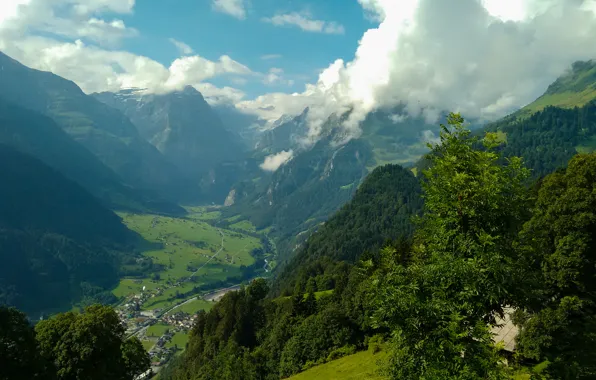 The sky, clouds, trees, mountains, Switzerland, Glarus, Glarnerland