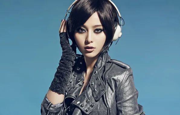 Look, girl, style, headphones, Asian, blue background