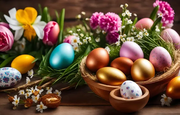 Flowers, eggs, spring, colorful, Easter, flowers, spring, Easter