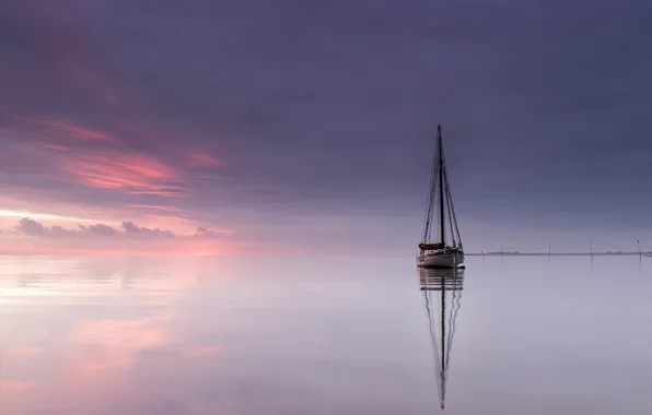 Sunset, lake, boat