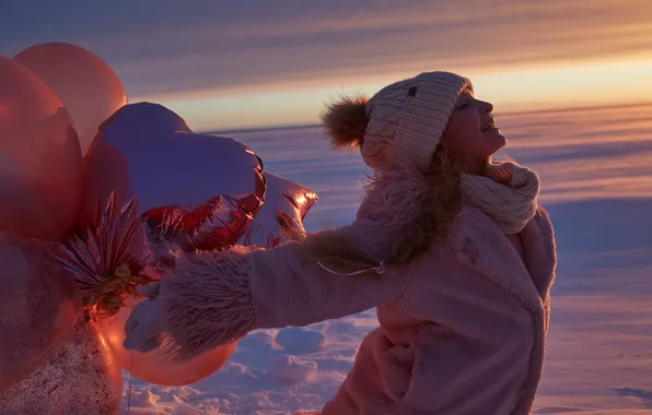 Winter, balloons, mood, hat, girl, coat, Alexander Grankin