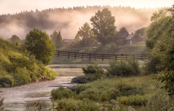 Picture landscape, nature, fog, river, home, morning, village, the bridge