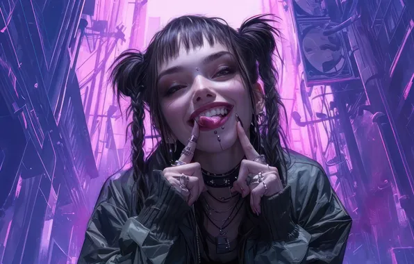 Girl, Cyberpunk, Anime Girl, AI Generated, Tongue Out