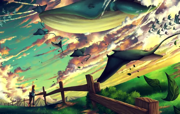 Greens, leaves, fish, fish, flight, emotions, fantasy, the fence