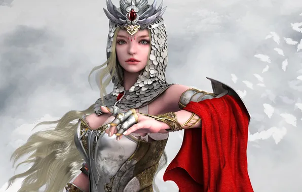 Girl, crown, fantasy, art, cloak, mail, armor