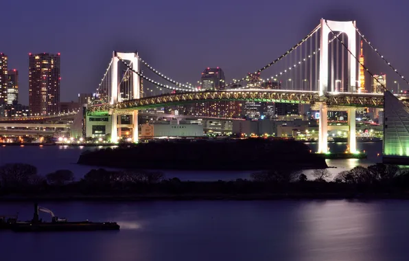 Night, bridge, the city, river, lighting, Tokyo