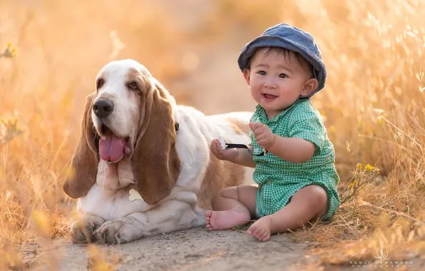 Children, each, dog, Bassett, photographer, Kenji Yamamura