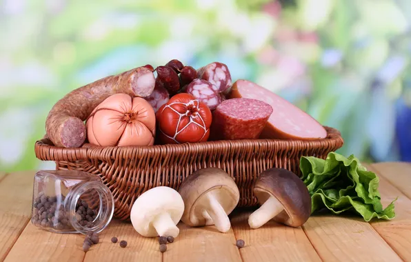 Picture greens, basket, pepper, sausage, salad, jar