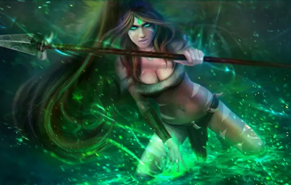 Picture girl, magic, spear, league of legends, Nidalee