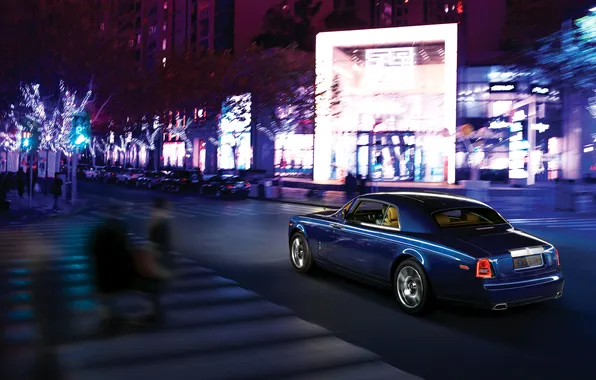 Picture Auto, Road, Night, Blue, The city, Rolls-Royce, Phantom, Machine