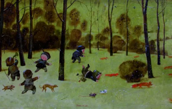 Winter, dog, Fox, Gapchinska, children play