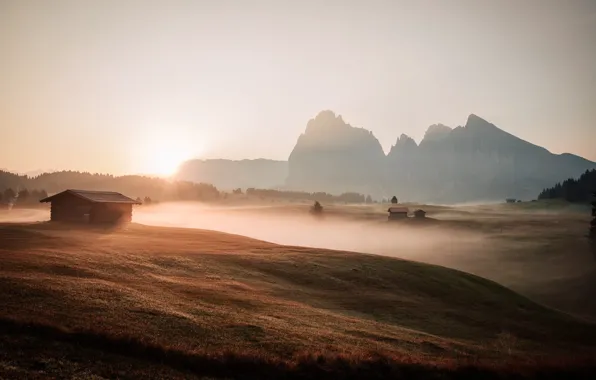 Field, autumn, mountains, fog, dawn, morning, Alps, haze