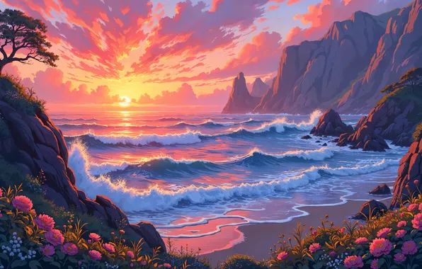 Flowers, The sun, Sea, Tree, Mountains, Wave, Dawn, Coast