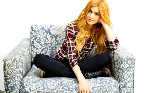 Picture look, girl, chair, white background, red, actress, Katherine McNamara, Katherine McNamara