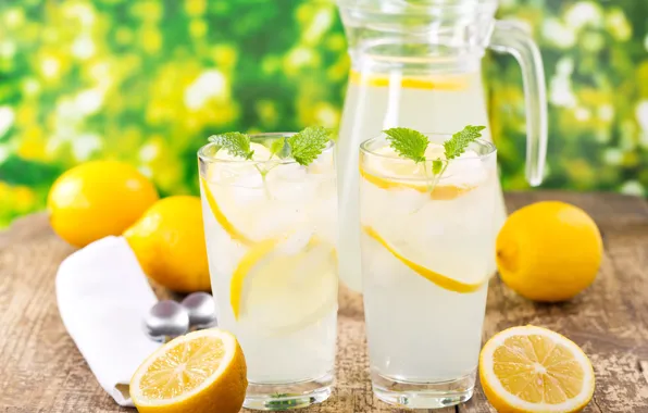 Ice, glasses, summer, drink, pitcher, mint, water, lemons