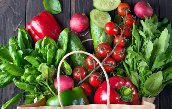 Cucumber, pepper, vegetables, tomatoes, radishes, Basil, arugula