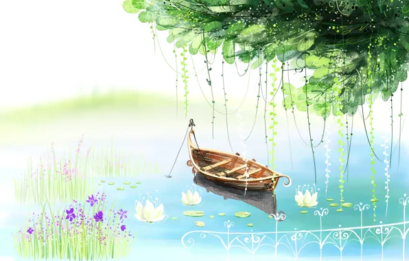 Picture flowers, lake, tree, boat, figure, the fence, water lilies