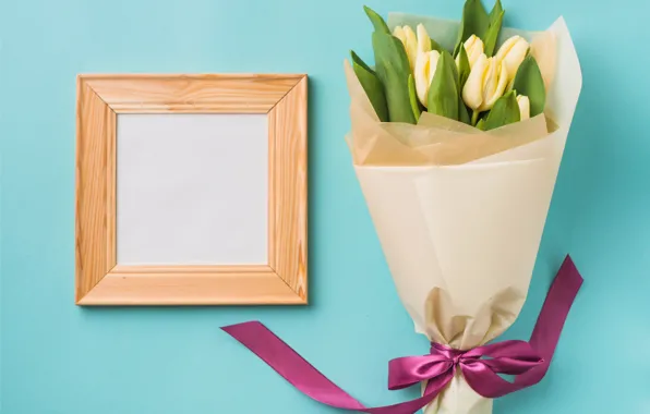 Picture flowers, bouquet, frame, tape, tulips, yellow, flowers, romantic