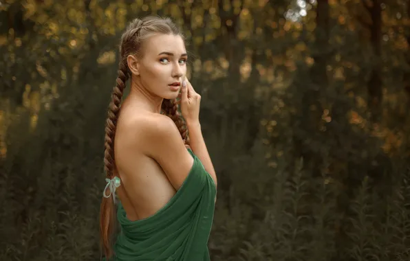 Picture look, girl, nature, back, brown hair, shoulders, Cape, braids