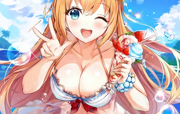 Girl, sexy, cleavage, long hair, sea, boobs, anime, beautiful
