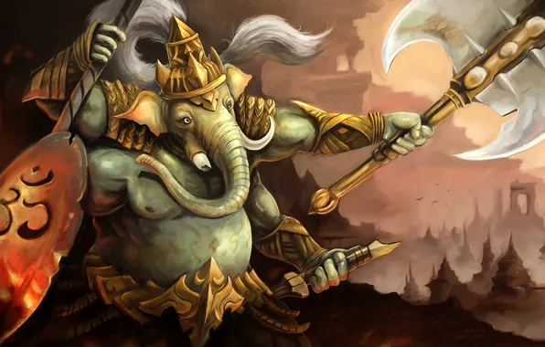Picture weapons, elephant, God, warrior, art, ganesha