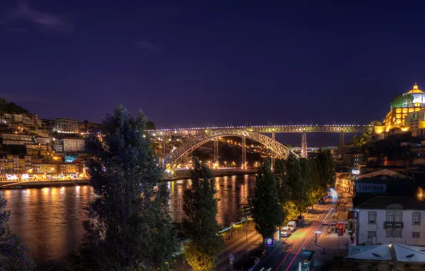 Night, bridge, lights, river, Portugal, Porto