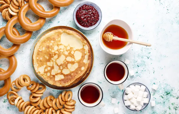 Tea, plate, the tea party, Cup, sugar, bagels, bowl, honey