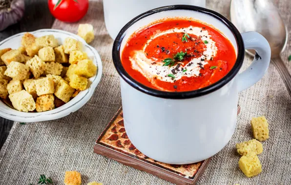 Mug, sour cream, croutons, gazpacho