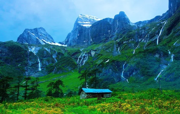 Picture mountains, home, slope, waterfalls.