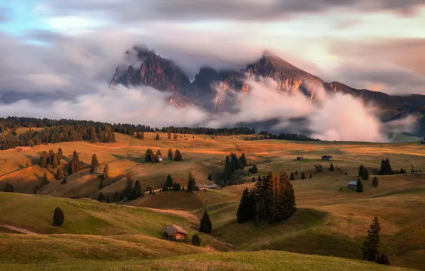 Autumn, clouds, mountains, fog, valley, Alps, houses, chime