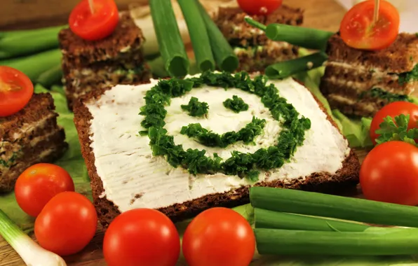 Greens, oil, bow, bread, tomatoes, smiley