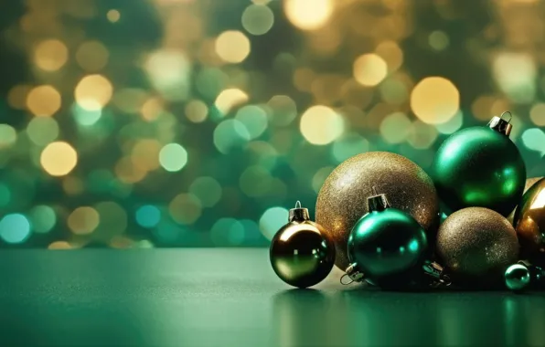 Balls, green, Christmas, New year, green background, gold, side, Christmas decorations